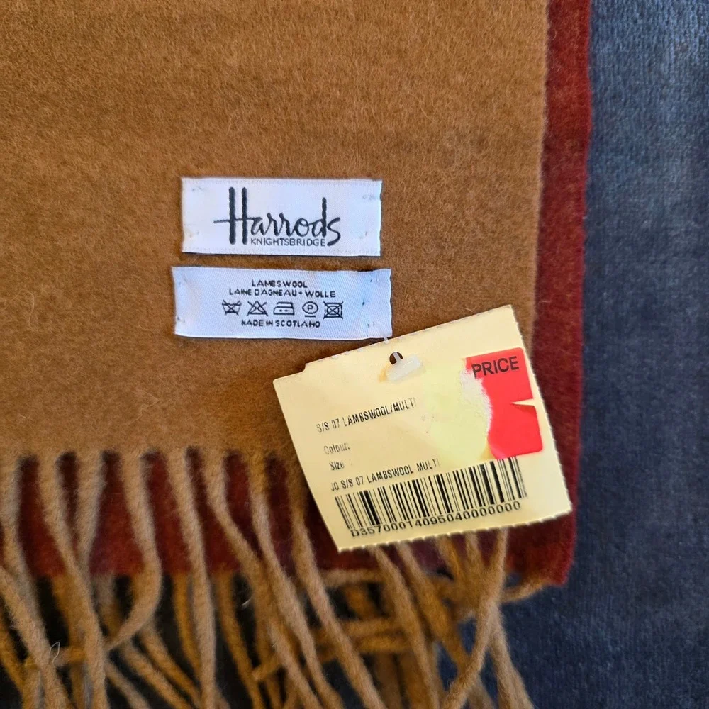Harrods Knightsbridge Lambswool‎ Scarf Made in Scotland Multi Color Block Fringe